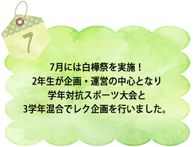 7月には白樺祭を実施！
2年生が企画·運営の中心となり学年対抗スポーツ大会と3学年混合でレク企画を行いました。